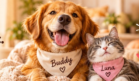 Hund und Katze mit personalisierten Halstüchern